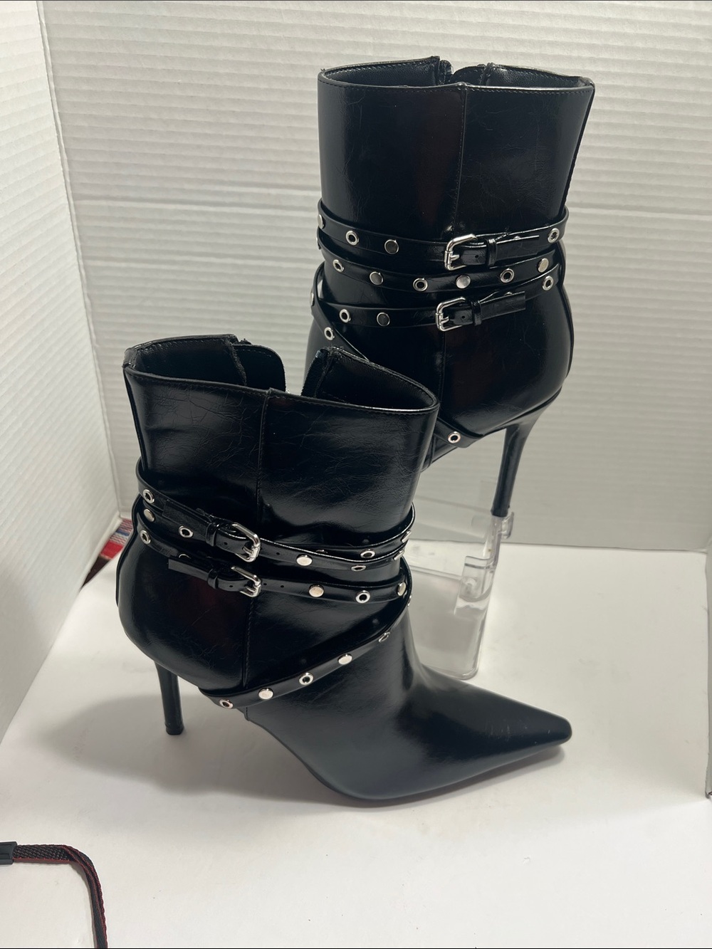 Shoe Dazzle Black Pointed Stiletto Ankle Boots with Studded Wrap Straps